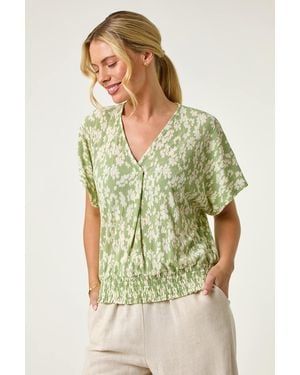 Roman Petite Floral Print Crinkle Blouson Top - Green