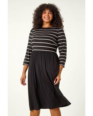 Roman Curve Contrast Stripe Stretch Dress - Black