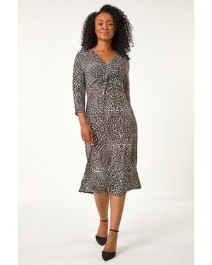 Roman Petite Animal Print Twist Stretch Midi Dress - Grey