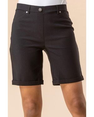 Roman Elastic Waist Turn Up Stretch Shorts - Black