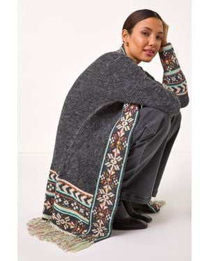 Roman Nordic Pattern Fringe Hem Cardigan - Grey