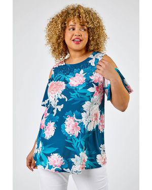 Roman Curve Floral Print Cold Shoulder Jersey Top - Blue