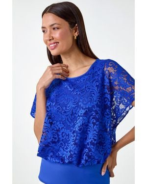 Roman Lace Stretch Bubble Hem Top - Blue