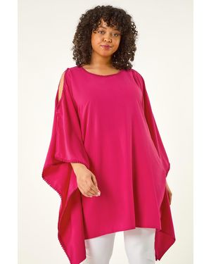 Roman Curve Bobble Trim Hanky Hem Top - Pink