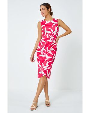 Roman Leaf Print Ruched Shift Dress - Red