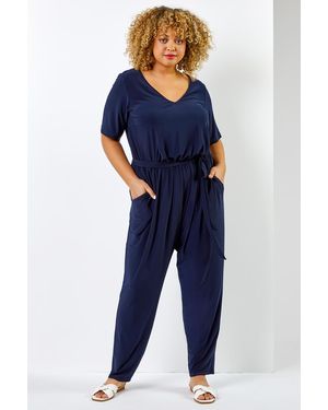 Roman Curve Tie Waist Jersey Jumpsuit - Blue