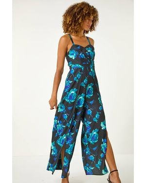 Roman Floral Print Pleat Detail Jumpsuit - Blue