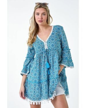 D.u.s.k Lace Trim Longline Tassel Top - Blue
