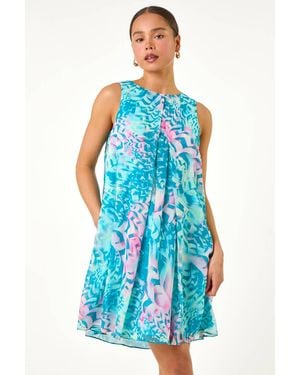 Roman Petite Abstract Print Pleat Neck Dress - Blue