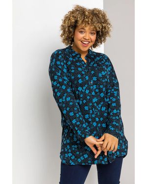 Roman Curve Linear Floral Print Shirt - Blue