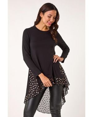 Roman Foil Spot Print Chiffon Hem Top - Black
