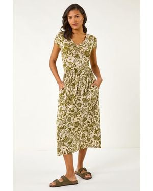 Roman Floral Print Ruched Stretch Midi Dress - Metallic