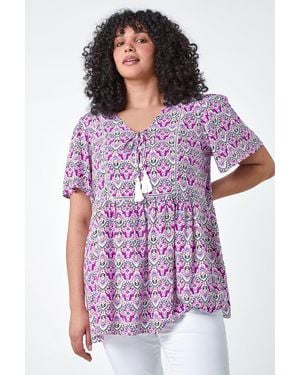 Roman Curve Tie Front V-Neck Boho Printed Top - Purple