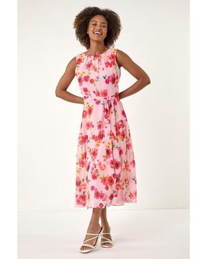 Roman Floral Pleated Chiffon Midi Dress - Red