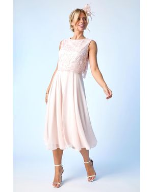 Roman Petite Chiffon Overlay Lace Midi Dress - Pink