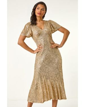 Roman Sequin Frill Hem Midi Dress - Natural