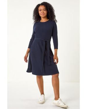 Roman Petite Ribbed Tie Waist Detail Dress - Blue