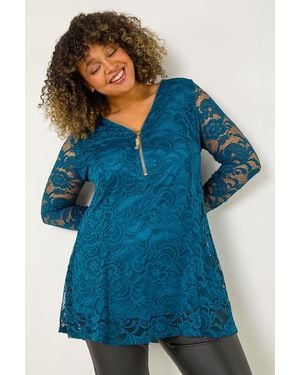 Roman Curve Zip Front Lace Stretch Top - Blue