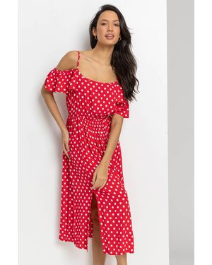 Roman Spot Print Cold Shoulder Midi Dress - Red