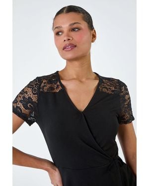 Lilly-and-Hope Lace Tie Detail V-Neck Wrap Top - Black