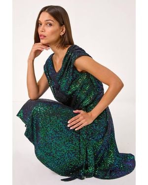 Roman Sequin Cowl Neck Stretch Midi Dress - Green