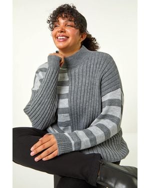 Roman Curve Contrast Stripe High Neck Jumper - Grey