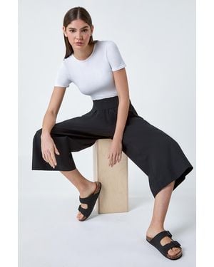 Roman Elastic Waist Wide Leg Cotton Cropped Culottes - Black