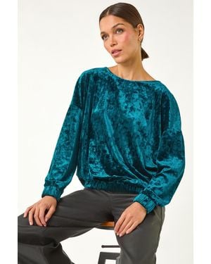 Roman Bubble Hem Velvet Stretch Top - Blue