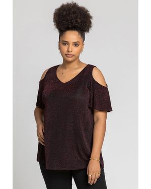 Roman Curve Cold Shoulder Shimmer Top - Red