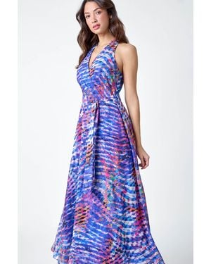 Roman Abstract Print Halterneck Maxi Dress - Blue