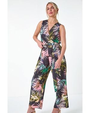 Roman Petite Tropical Print Wrap Jumpsuit - Blue
