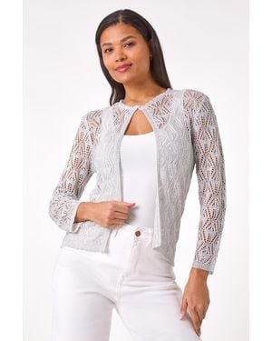 Roman Shimmer Crochet Knit Shrug - White