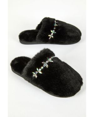 Roman Embellished Fur Mule Slipper - Black