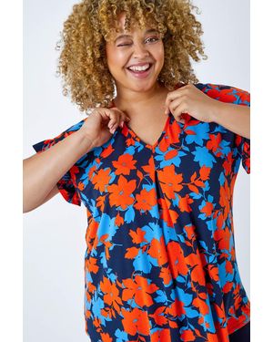 Roman Curve Floral Frill Sleeve Top - Red