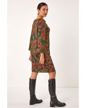 Roman Aztec Print Tab Detail Stretch Shift Dress - Natural