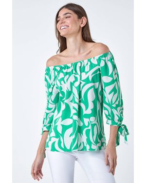 Roman Printed Tie Sleeve Bardot Top - Green
