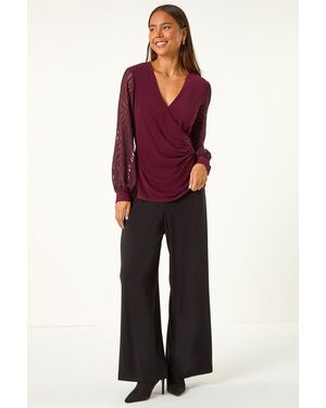 Roman Petite Jacquard Contrast V-Neck Wrap Top - Red