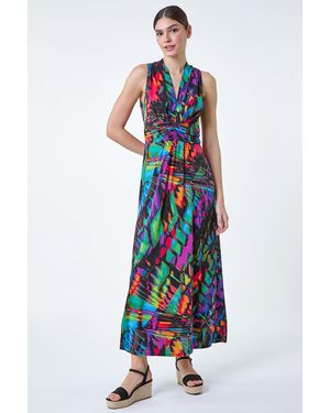 Roman Tropical Print Ruched Maxi Dress - White