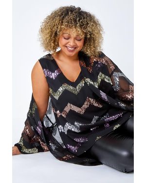 Roman Curve 3/4 Sleeve Sequin Zig Zag Kimono - Black