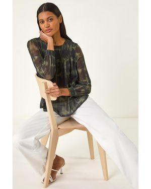 Roman Shirred Yoke Print Mesh Top - Grey