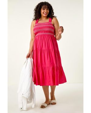 Roman Curve Strappy Shirred Midi Dress
