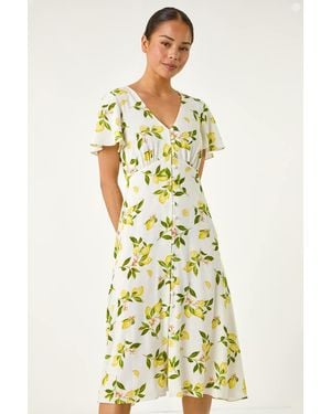 Roman Petite Lemon Print Button Tea Dress - White