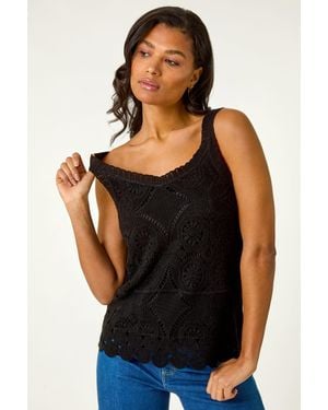 Roman Cotton Crochet Knit Vest Top - Black