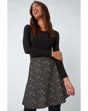 Roman Animal Print Skater Stretch Skirt - Black