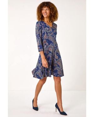 Roman Paisley Print Panel Dress - Blue
