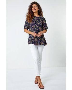 Roman Ditsy Floral Print Puff Sleeve Top - Blue