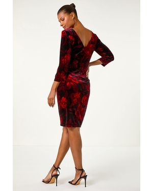Roman Velvet Rose Print Side Twist Shift Dress - Red