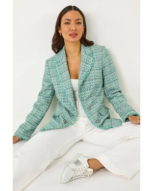 Roman Check Frayed Edge Boucle Button Jacket - Green
