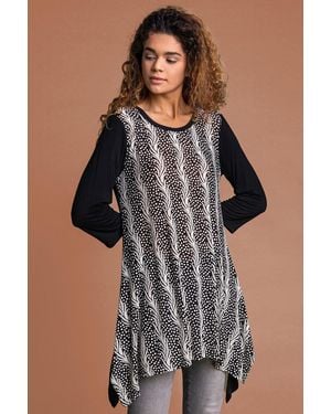 Roman Abstract Print Hanky Hem Tunic Top - Black