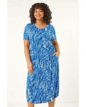 Roman Curve Spot Print Stretch Dress - Blue